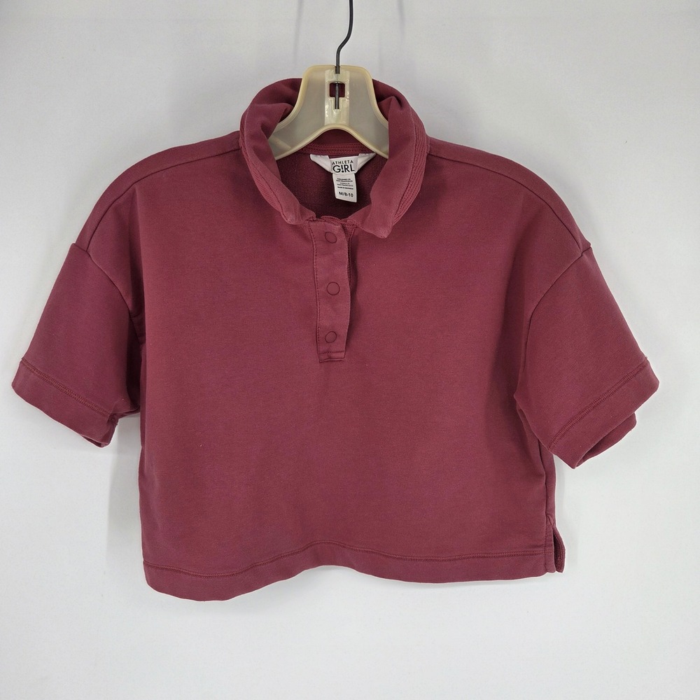 Athleta Girl Kids Burgundy Cropped Short Sleeve Polo Sweatshirt Size M 8-10